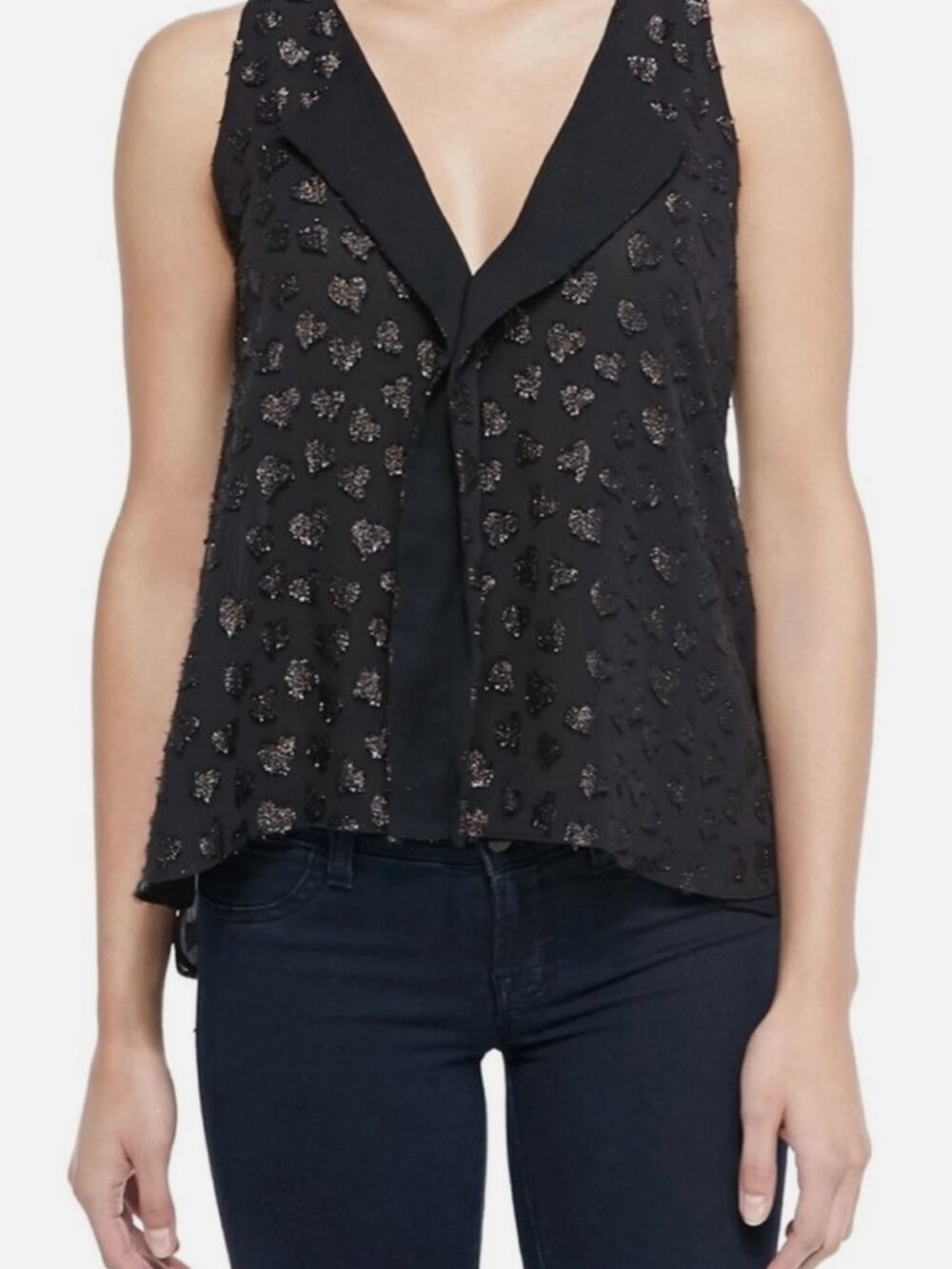 ALICE + OLIVIA Bruden Black Sleeveless Top, Glitter Heart, High Low, Small